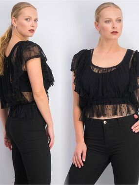 Free People Black Sheer Ruffle Lace Crop Top